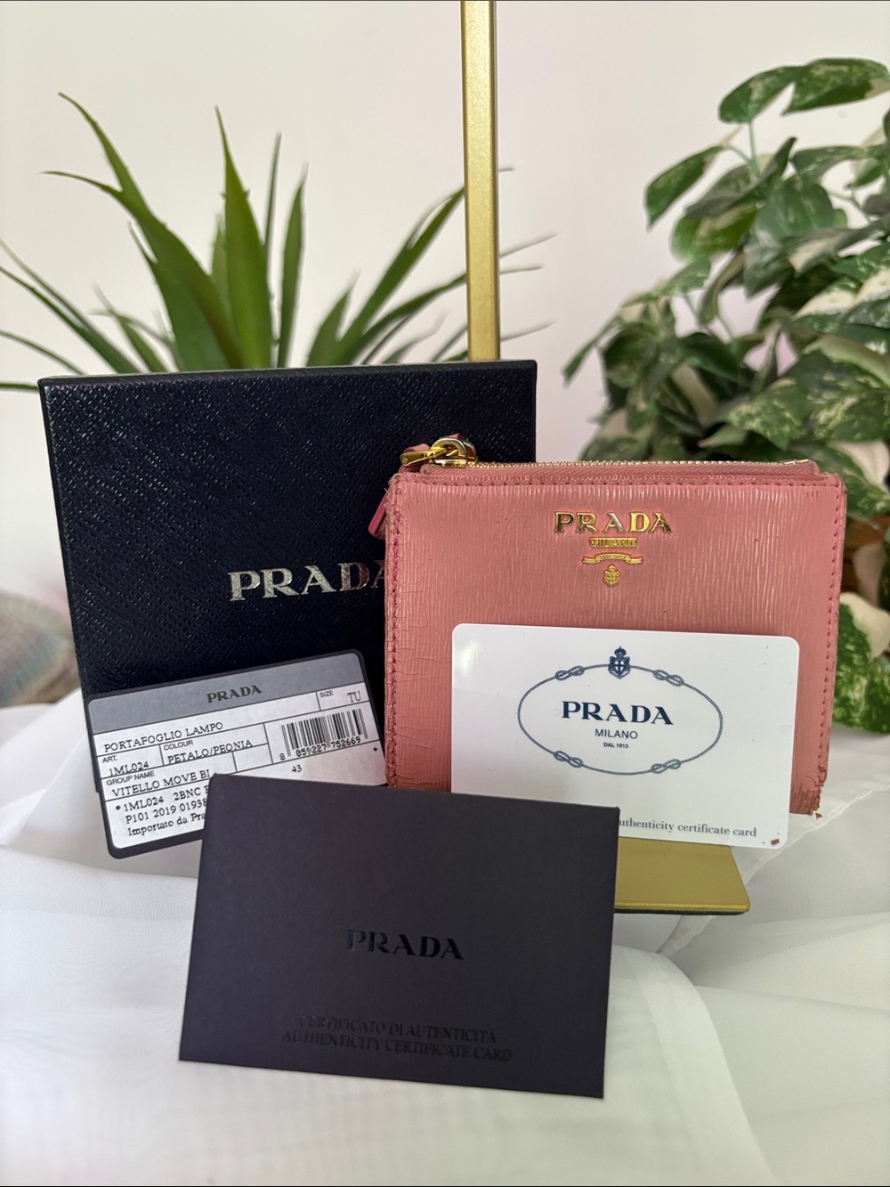 Prada Pink Saffiano Zip Card Wallet with Gold Hardware
